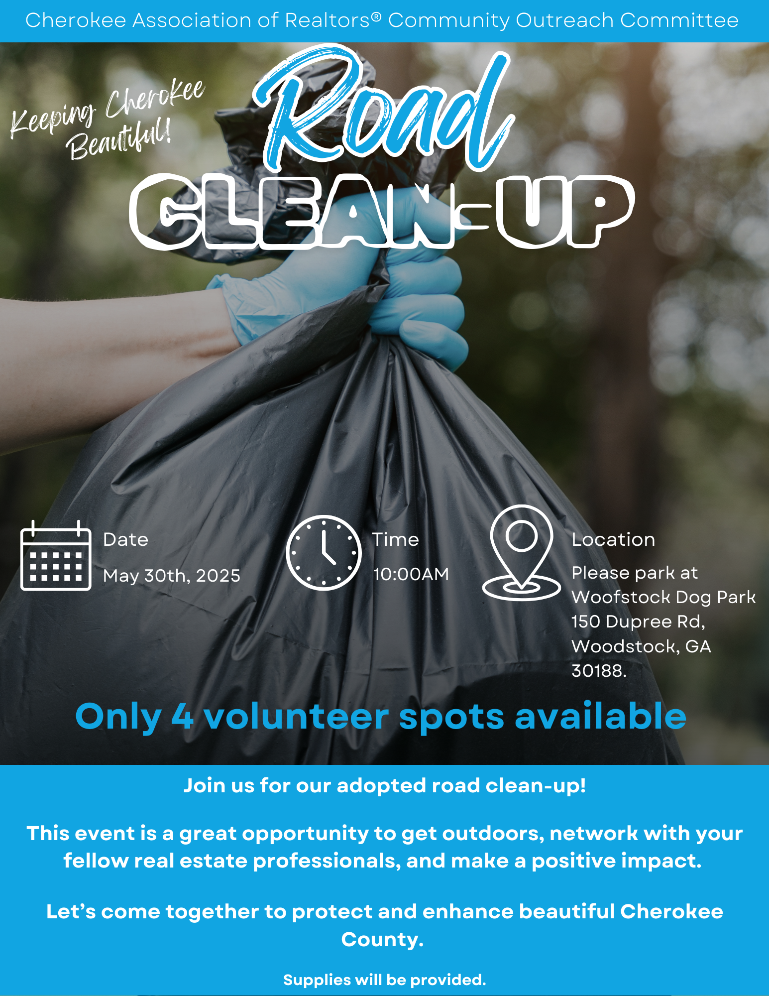 Road Clean Up Flyer with person holding up garage page wearing gloves